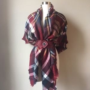 Plaid Fringe Wrap Blanket Scarf in Burgundy